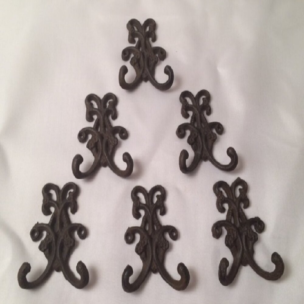 Six (6) Cast Iron Antique 3 1/2" tall Rustic Double Floral Hook Six 0170-01556